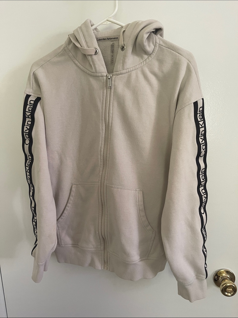 Calvin Klein Beige Zip Hoodie with Black Logo Sleeve Tape